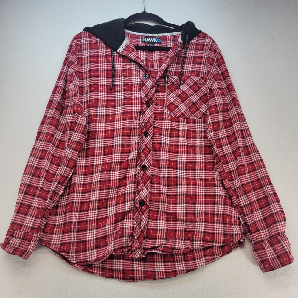 Tony Hawk Hooded Flannel Shirt Mens L Red Plaid Long Sleeve Button Down Skate